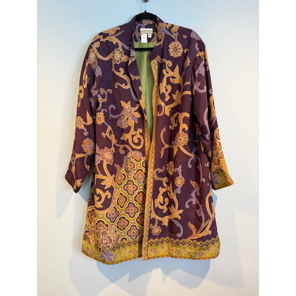 Coldwater Creek 100% Silk Floral Kimono Jacket Duster Purple Green 1X
